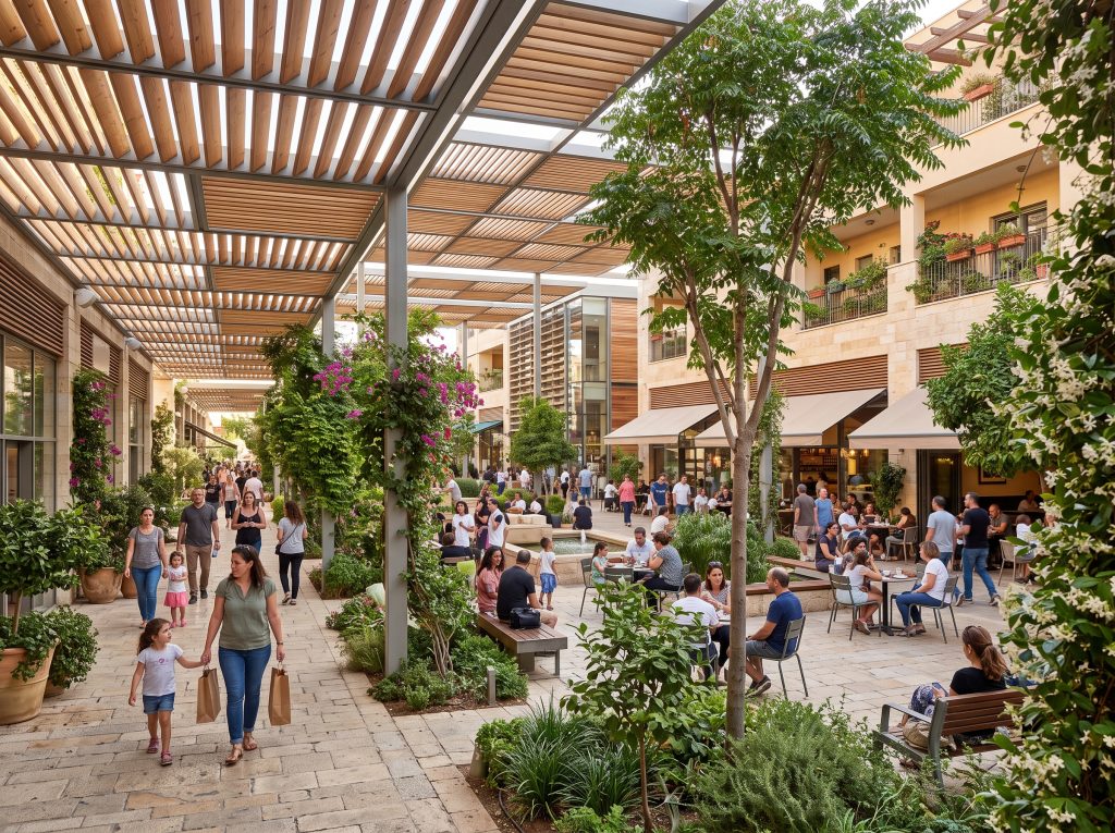 מרכז מסחרי שכונתי פתוח עם פרגולות מוצלות וגינון ירוק
